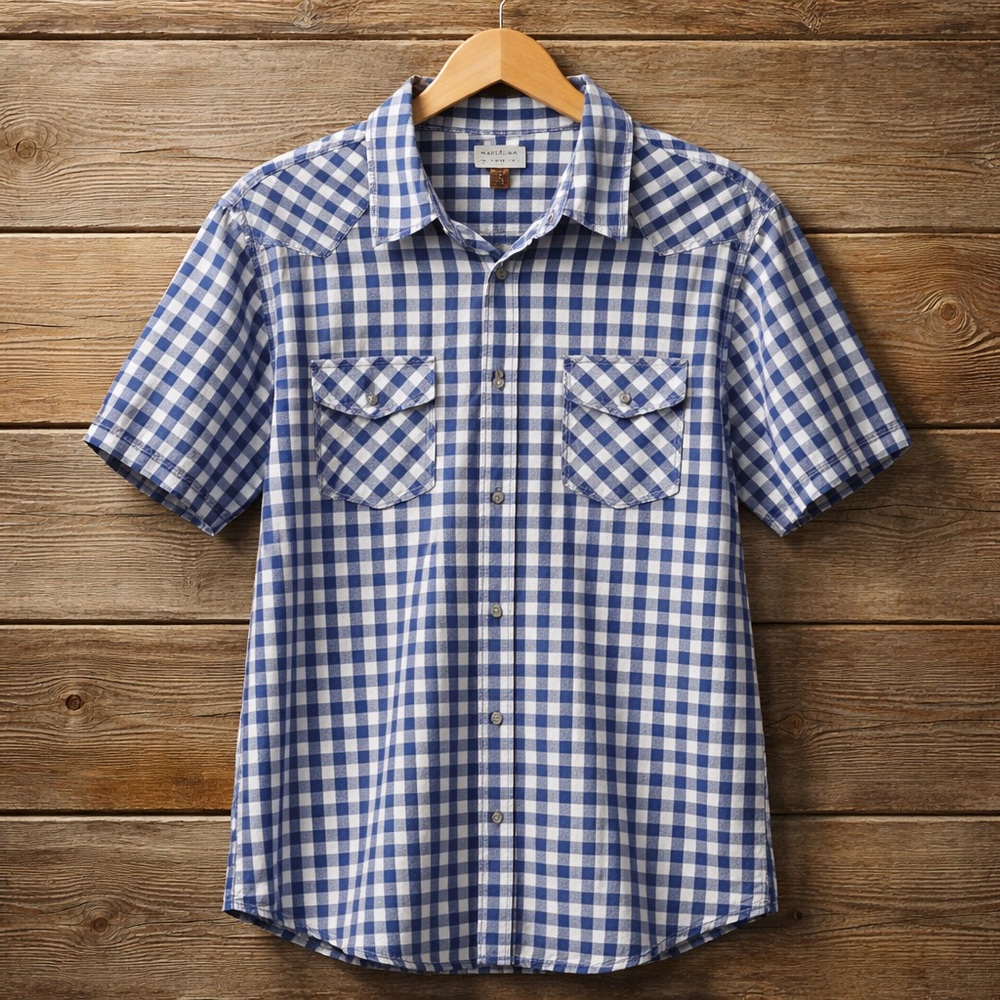Sonoma Life Style XL Check Print Pearl Snap Short Sleeve Cotton Blue White Shirt